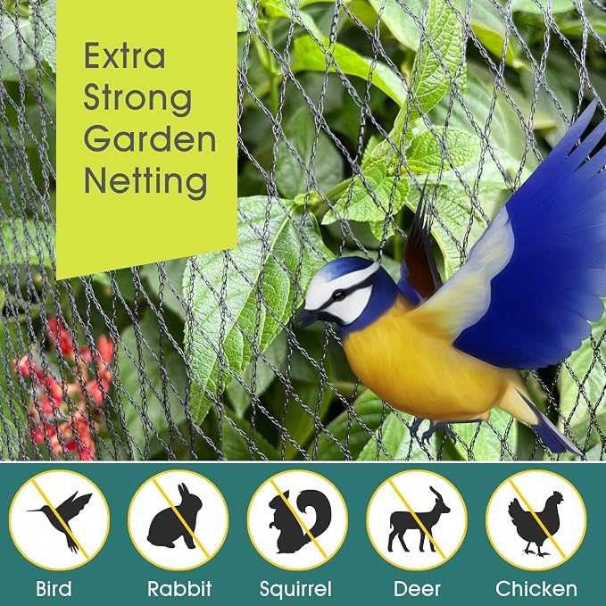 Bird Netting for Garden - 28 x 30 FT Heavy Duty Anti Bird Netting Mesh with Ties and Landscape Staples for Vegetable, Fruit Trees & Other Plants, Lasting Against Birds Deer Squirrels and Poultry