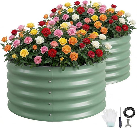 SPONVATT 2Pcs Round Galvanized Raised Garden Bed Kit 24 x 12 Inch Metal Planter Box Outdoor with Safety Rubber Edge Trim Rust Proof Weather Resistant Circular Steel Garden Beds Sage Green 12 Inch Deep