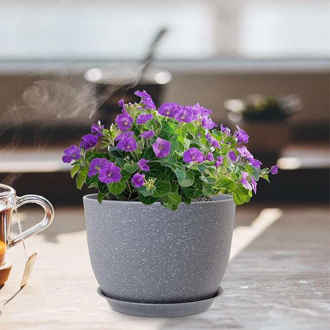 Meowell Plant Pots 12 inch, Plastic Planters with Drainage Holes and Saucers, Large Flower Pots for Indoor Outdoor Plants, Modern Decorative Pots for Garden House Plants, Speckled Grey