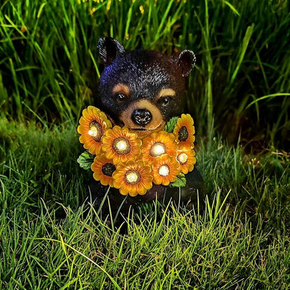 Solar Garden Lights Outdoor Statues Black Bear with Sunflowers, Sculpture Decor Mother Gifts for Women, Men or Daughter, Unique Garden Statues for Housewarming Gifts