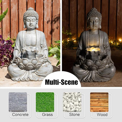 Glitzhome Buddha Fountain Outdoor with Pump & LED Light 23.25" H, 2-Tier Zen Style Concrete Meditating Buddha Statues Water Fountains Floor Fountains Buddhas Sculpture for Garden Patio Backyard