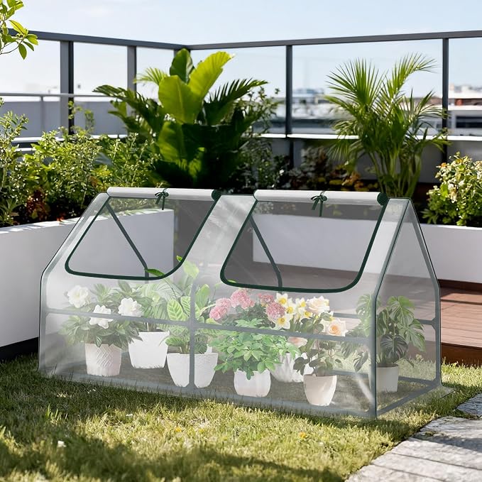 Aoodor 4 x 2 x 2 ft Mini Greenhouse with 2 Zipper Doors, Water Resistant, UV Protected for Flowers, Vegetables and Herbs, Transparent