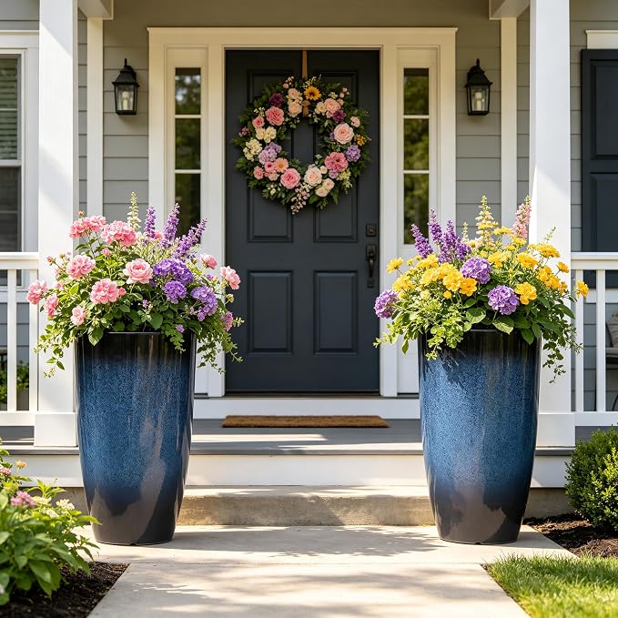 23.75" Cobalt Blue Plastic Tall Outdoor Planters with Drainage Holes | Set of 2 PP tall planters with cobalt gradient finish, drainage plugs, and UV-treated surface for porch, patio, or indoors