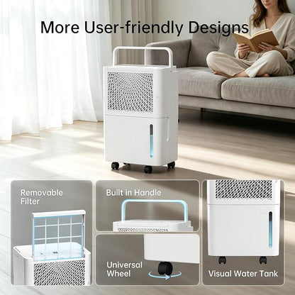 HUMSURE 2500 Sq. Ft MAX 30 Pints Dehumidifier Equipped With Drainage Hose, Automatic Defrosting, 24-Hour Timer, Ideal for Basement, Home, Bathroom, Bedroom