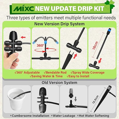 MIXC 2026-Upgrade 360° Adjustable Drip Irrigation System Kit, 200FT Bendable Watering Misting System with 3 Spray Nozzle Types, 1/2"(50FT) & 1/4"(150FT) Tubing for Garden Raised Bed Lawn & Greenhouse