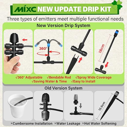 MIXC 2026-Upgrade 360° Adjustable Drip Irrigation System Kit, 133FT Bendable Watering Misting System with 3 Spray Nozzle Types, 1/2" (33FT) & 1/4" (100FT) Tubing for Garden Raised Bed Lawn Greenhouse