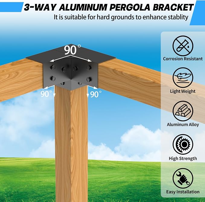 JEXALINE Aluminum Pergola Kit for 4"x4" Lumber, Heavy Duty Pergola Brackets with 3-Way & 4-Way Corner Brackets, DIY Gazebo Kit for Outdoor Patio Backyard Garden, Fits Actual 3.6" x 3.6" Wood