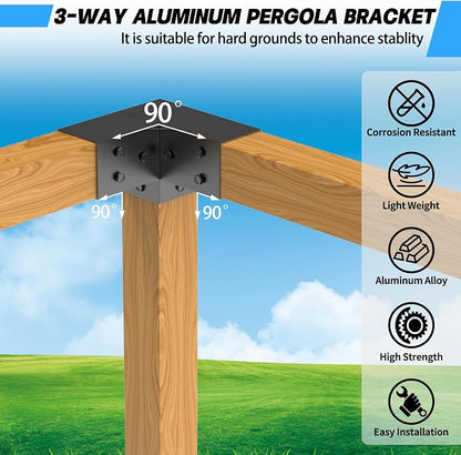 JEXALINE Aluminum Pergola Kit for 4"x4" Lumber, Heavy Duty Pergola Brackets with 3-Way & 4-Way Corner Brackets, DIY Gazebo Kit for Outdoor Patio Backyard Garden, Fits Actual 3.6" x 3.6" Wood