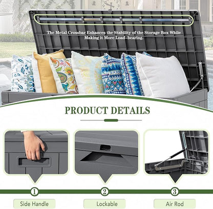 Greesum 100 Gallon Resin Deck Box Large Outdoor Storage, Imitation Rattan Weave Texture for Patio Furniture, Garden Tools, Pool Supplies, Weatherproof and UV Resistant, Lockable, Gray