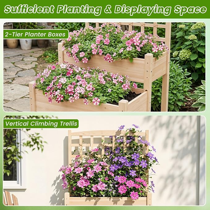 Giantex Raised Garden Bed with Trellis, 2-Tier Elevated Planter Box for Climbing Plants, Flowers, Vegetables, Herbs, Outdoor Wooden Vertical Garden Bed with Drainage Holes, for Patio Backyard Balcony