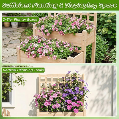 Giantex Raised Garden Bed with Trellis, 2-Tier Elevated Planter Box for Climbing Plants, Flowers, Vegetables, Herbs, Outdoor Wooden Vertical Garden Bed with Drainage Holes, for Patio Backyard Balcony