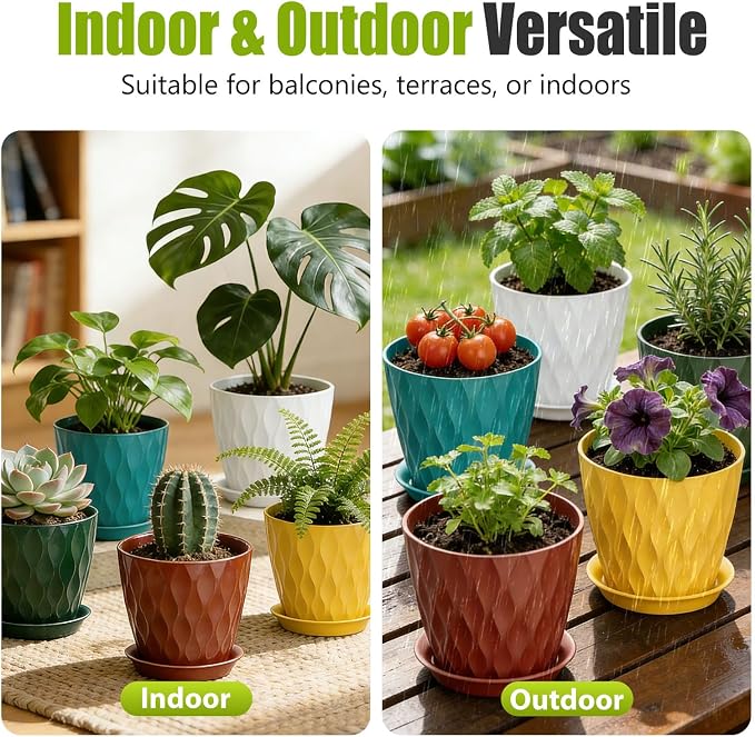 8 Inch Plastic Plant Pots,Set of 5 Flower Pots,Planters with Drainage Holes & Saucers, Indoor Outdoor Garden Pots for Home Decor(Colorful)