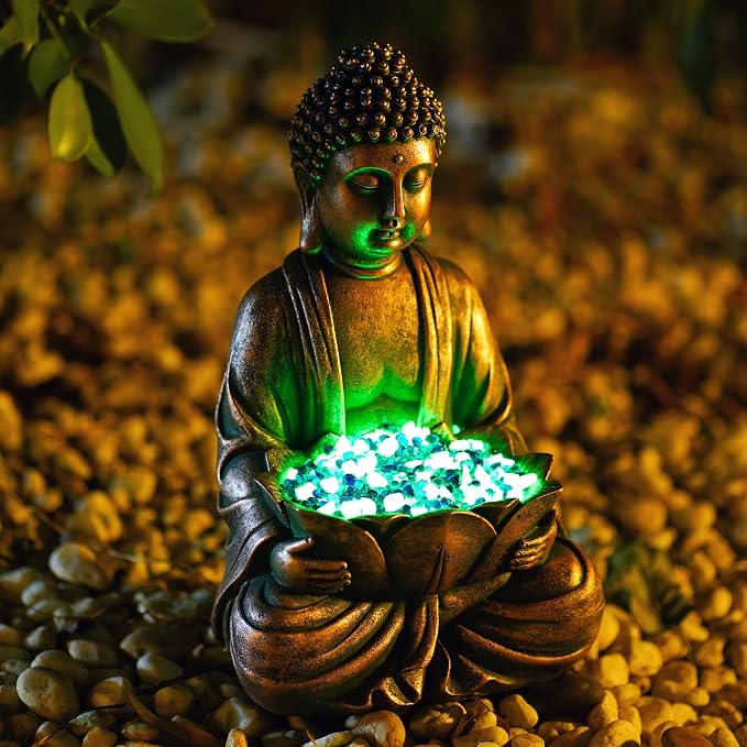 12" Meditating Buddha Statue w/Lotus - Zen Garden Sculpture Decor (Bronze) | for Indoor/Outdoor Decor, Home & Garden Decoration with Magical Glow in Dark Pebbles and Glass Stones - Antique Bronze