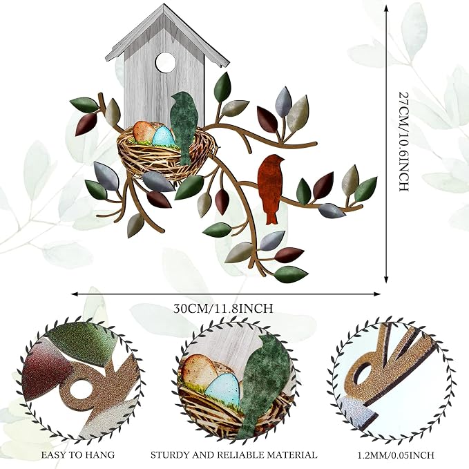 Peryiter Birds Wall Metal Decor Outdoor Art Hanging Metal Tree with Birdhouse for Living Room Tree Leaf Wall Decor for Indoor Outdoor Garden(White)