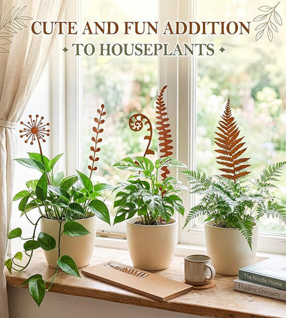 VIS'V Decorative Garden Stakes, Metal Fern Plant Yard Art Stakes, 5 Pcs | 15.7 In Length, Pre-rusted Finish, Rusty Art Decor for Outdoor Indoor