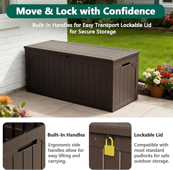Outdoor Storage Box, 98 Gallon Deck Box, Outdoor Storage Bench, Waterproof Resin Storage Bench with Lockable Lid, Patio Furniture Cushions & Garden Tools Storage, UV Resistant (Brown)