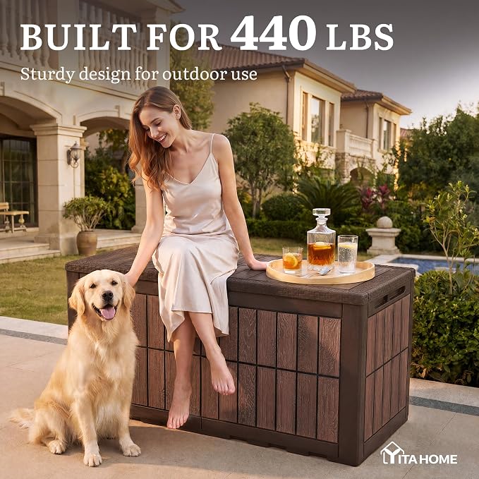 YITAHOME 134 Gallon Large Deck Box | Waterproof Resin Outdoor Storage Box with Lock, Doubles as Bench Seating for Patio Furniture Cushion, Garden Tools &Pool