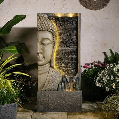 Tankana 47.5" Buddha Water Fountain Outdoor with LED Lights, Large Zen Garden Waterfall Feature with Double Bubblers and Stream, Resin Statue for Patio, Yard, Porch, Meditation Decor