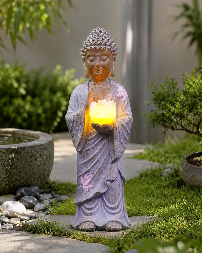 Nacome Solar Buddha Garden Statue Decor: Standing Resin Figurine with Lotus Flower Light Zen Sculpture for Patio Lawn Yard Porch Balcony Meditation Space - 11 inches(White)