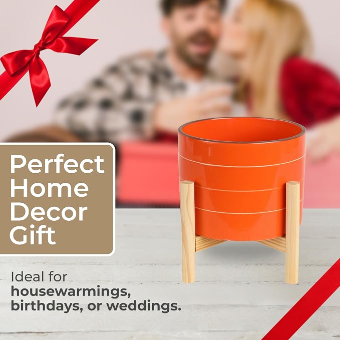 Striped Ceramic Planters with Wooden Stand as Home Decor Flower Pots for Entryway, Patio, Tabletop, and Garden - Colorful Decorative Pots for Indoor and Outdoor Plants - 9", Orange & Tan