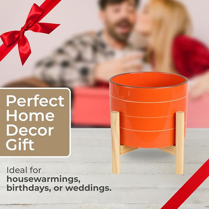 Striped Ceramic Planters with Wooden Stand as Home Decor Flower Pots for Entryway, Patio, Tabletop, and Garden - Colorful Decorative Pots for Indoor and Outdoor Plants - 9", Orange & Tan