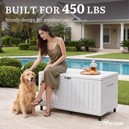 YITAHOME 90 Gallon Outdoor Storage Box with 6 Heavy-Duty Metal Legs & | Large Double-Wall Resin Deck Box, Lockable Waterproof Patio Organizer for Furniture, Cushions, White