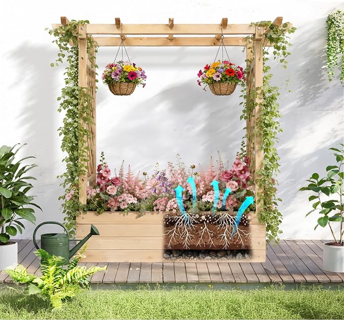 Vasitelan Raised Garden Bed with Trellis, Wooden Elevated Planter Box w/Drainage Holes & Removable Bottom Panels for Climbing Vine Flower, Indoor Outdoor Wood Planter for Yard Patio (Natural)