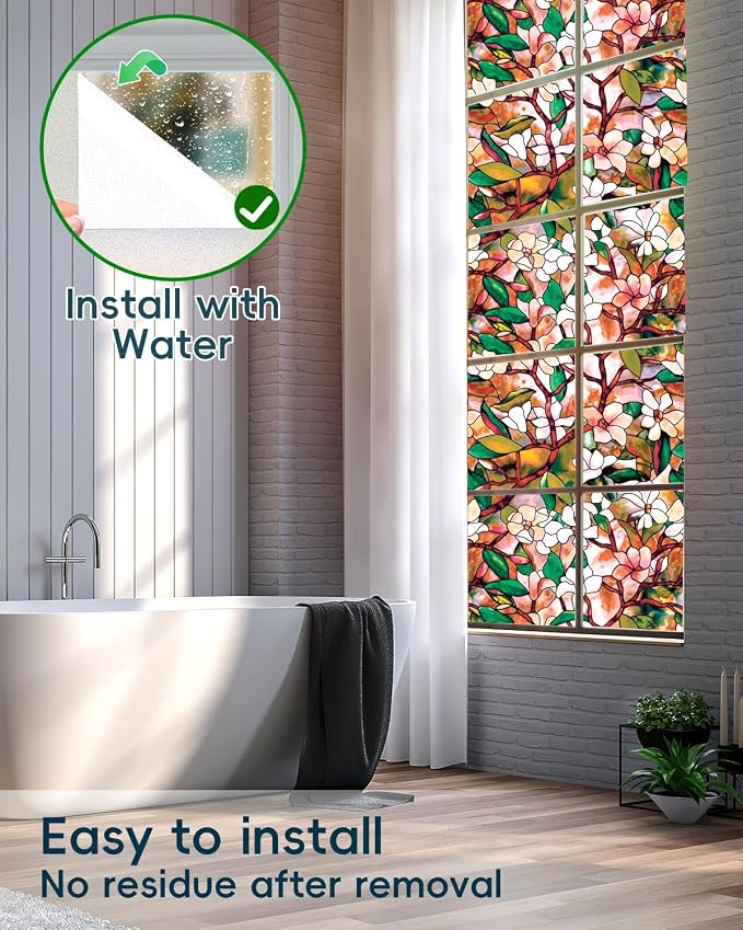 Stained Glass Privacy Film Decorative With Free Tools, Magnolia Window Film for Home, Frosted Tint, Covers Cling, 17.5 Inch by 157.4 Inch
