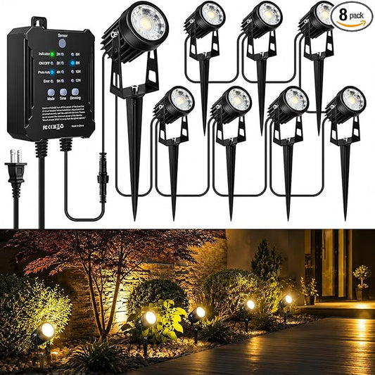 Low Voltage Landscape Lighting Kit, 8-Pack LED Spotlights with 24W Transformer, 3000K Waterproof Outdoor Lights with Timer & Dusk-to-Dawn Sensor, 75FT Wire for Yard, Garden, Patio, Pathway, Trees