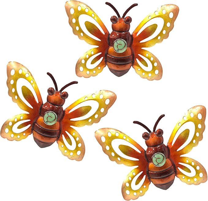 Garden Decor Metal Bee Wall Art Sculpture, Large Bee art Garden Decoration | BVLFOOK; Hanging for Outdoor & indoor; Yard Lawn Patio; Living Room décor; Bedroom; 3 Pack; Gift for Family