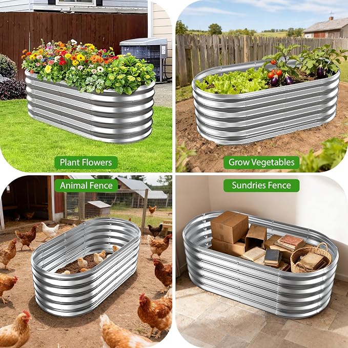 17" Tall Oval-Shaped / Elliptic Metal Raised Garden Bed Outdoor Silver | 48X24X17 Inch,1.5 FT Tall,0.8MM Thick Galvanized Metal,for Variety of Flowers,Herbs,Vegetables.with Gloves,Tool free