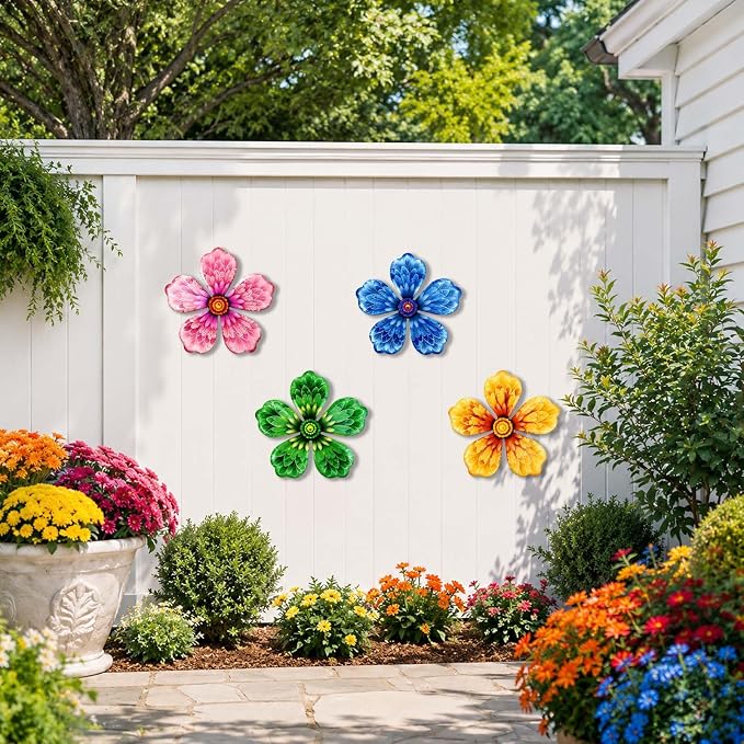 4-Pack Metal Flower Wall Decor, Outdoor Fence and Garden Art | Outdoor Wall Decor art, Easy To Hang, Ideal for outdoor fences, gardens, patios, yards and exterior walls
