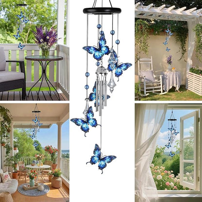 YU FENG Butterfly Memorial Wind Chime, Crystal Suncatcher Outdoor Decor | 27 Inch Metal Hanging Chime, Blue Butterfly Design, Sympathy Remembrance Gift, Garden Yard Patio Decoration