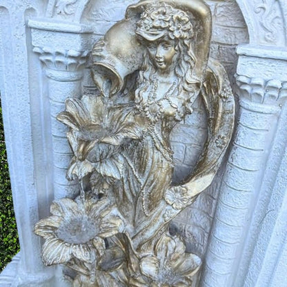 XBrand 30.3" Solar-Powered Wall Fountain with Gold Flower Maiden Statue, Antique Stone Waterfall Design for Garden, Yard Décor & Bird Bath, Polyresin