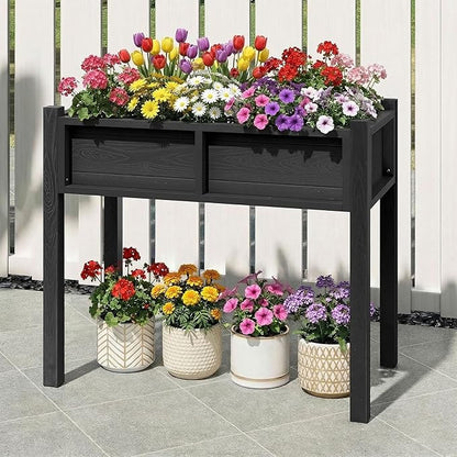 DWVO Raised Garden Bed HDPE with Legs Poly-Wood All-Weather Elevated Planter Box Outdoor with Drainage System Patio Planters for Herbs Vegetables Flowers Plant Bed for Garden Balcony, Black