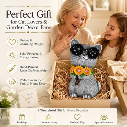 Solar Garden Statues Cat with Daisy and LED Lights Birthday Gifts for Women Mom Grandma Solar Outdoor Decor for Patio Backyard Yard Lawn Decoration-Unique Housewarming Gifts