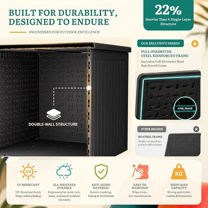 YITAHOME 150 Gallon Large Outdoor Deck Box | Lockable Resin Double-Wall Storage Box and Waterproof Patio Furniture Bin for Garden Tools & Pool Accessories, Black