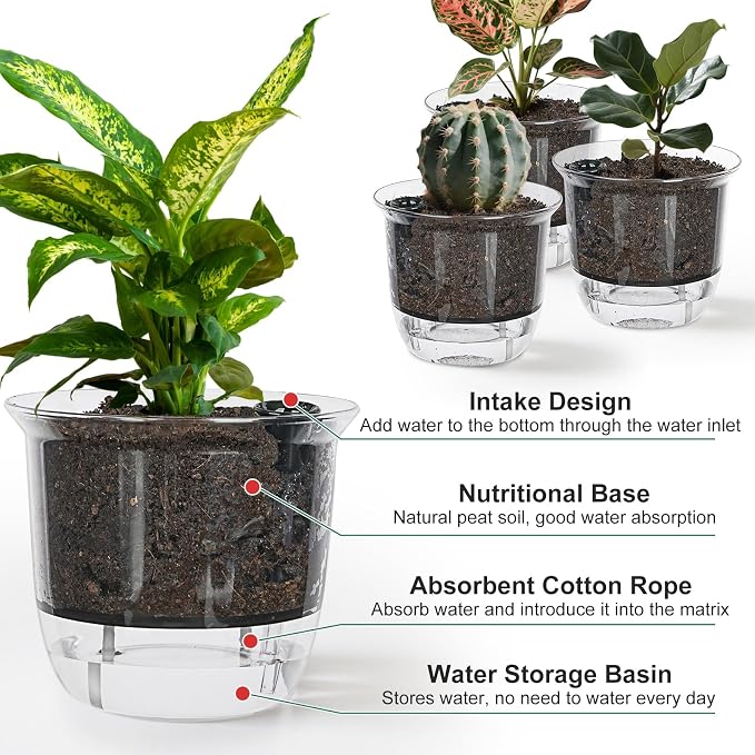 Self Watering Pots Set, 5 Pack 5 Inch Self Watering Pots for Indoor Plants, Clear Planter Pot with Deep Reservoir for Spider Plant, Orchid, African Violet (5Pcs Large)