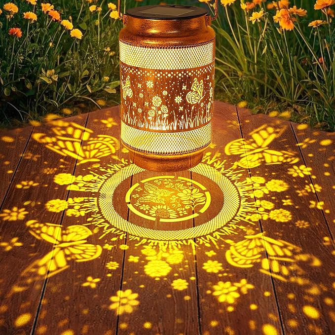 2 Pack Butterfly Solar Lanterns Outdoor Waterproof Solar Garden Decor, Birthday Gifts for Mothers Day Women Mom Grandma, Metal Hanging Lights with Shepherd Hook for Outside Yard Patio Pathway Porch