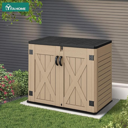 YITAHOME Outdoor Horizontal Storage Shed with X-Shaped Lockable Door, 35 Cu Ft Weatherproof Resin Tool Shed w/o Shelf, Ideal for Bike, Trash Cans, Garden Tools, Lawn Mowers, Brown