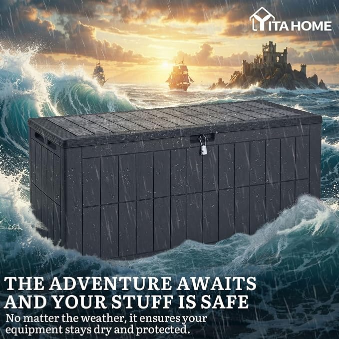 YITAHOME 134 Gallon Large Deck Box | Waterproof Resin Outdoor Storage Box with Lock, Doubles as 2-Person Bench Seating for Patio Furniture Cushions,Garden Tools &