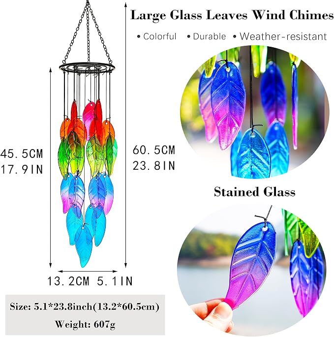 YU FENG 18 Inch Stained Glass Leaves Wind Chimes for Outside Garden | Handmade Glass Wind Chime, Forest Leaf Design, Rainbow Light Catcher, Patio Window Yard Hanging Decor