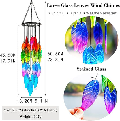 YU FENG 18 Inch Stained Glass Leaves Wind Chimes for Outside Garden | Handmade Glass Wind Chime, Forest Leaf Design, Rainbow Light Catcher, Patio Window Yard Hanging Decor