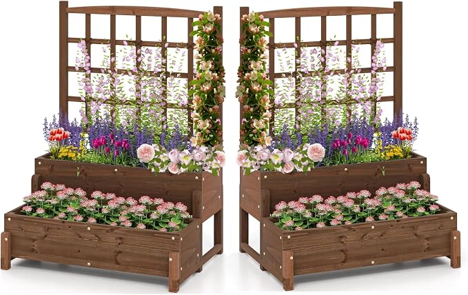 DREAMADE Fir Wood Raised Garden Bed with Trellis, 2-Tier Wooden Elevated Planter Box w/Drainage System, Garden Trellis for Flower, Vegetable, Fruit & Herb (2)