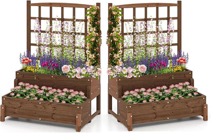 DREAMADE Fir Wood Raised Garden Bed with Trellis, 2-Tier Wooden Elevated Planter Box w/Drainage System, Garden Trellis for Flower, Vegetable, Fruit & Herb (2)