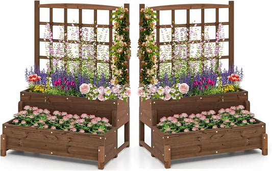 DREAMADE Fir Wood Raised Garden Bed with Trellis, 2-Tier Wooden Elevated Planter Box w/Drainage System, Garden Trellis for Flower, Vegetable, Fruit & Herb (2)