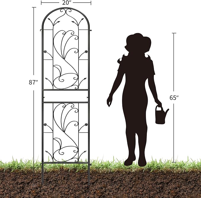 2-Pack 87" x 20" Sunflower Scroll Arch Black Metal Garden Trellises | Set of 2 rust-resistant trellises with Sunflower scrollwork, arched tops, and support for roses, vines, or vegetables