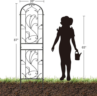 4-Pack 87" x 20" Sunflower Scroll Arch Black Metal Garden Trellises | Set of 4 rust-resistant trellises with floral scrollwork, arched tops, stakes, and support for roses, vines, or vegetables