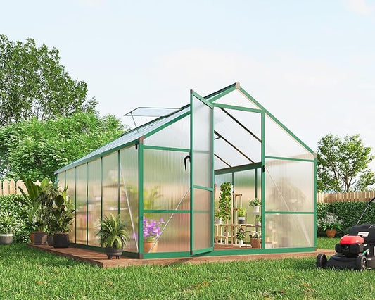 8x12 FT Greenhouse for Outdoors, Polycarbonate Greenhouse with Roof Vent, Ground Nails, Lockable Push Door, Aluminum Large Walk-in Green House for Outside Garden Backyard, Patio, Lawn, Green