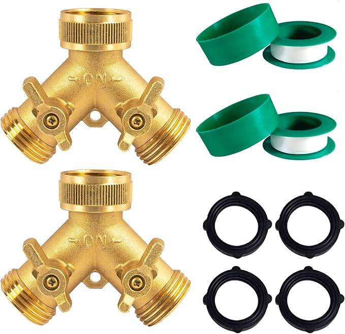 Hourleey Brass Garden Hose Splitter (2 Way), Solid Brass Hose Y Splitter 2 Valves with 2 Extra Rubber Washers (2 PACK)